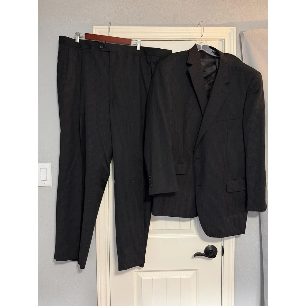 Joseph & Feiss Suit Mens 48L 46x30 Gray Wool Stripe 2 Piece Jacket Pants Formal